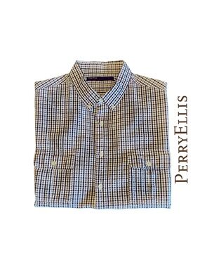 PerryEllis Button-Down Seersucker Check Short Sleeve Shirt-Purple+ Lavender NWOT